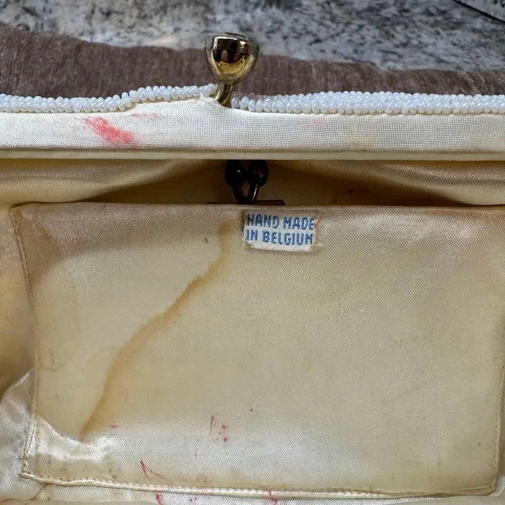 Vintage Cream Hand Beaded in Belgium Clutch bag with Coin Purse